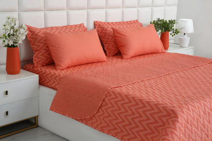6 PCs Bed Spread Set- Peach Chevron Bed Spread Apricot