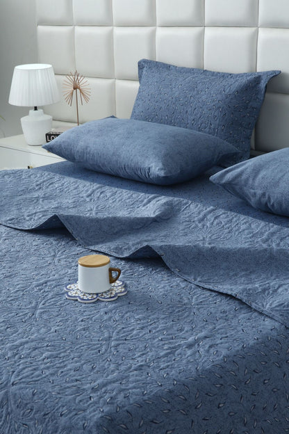 6 PCs Bed Spread Set- Raincloud Blue Feathers Bed Spread Apricot