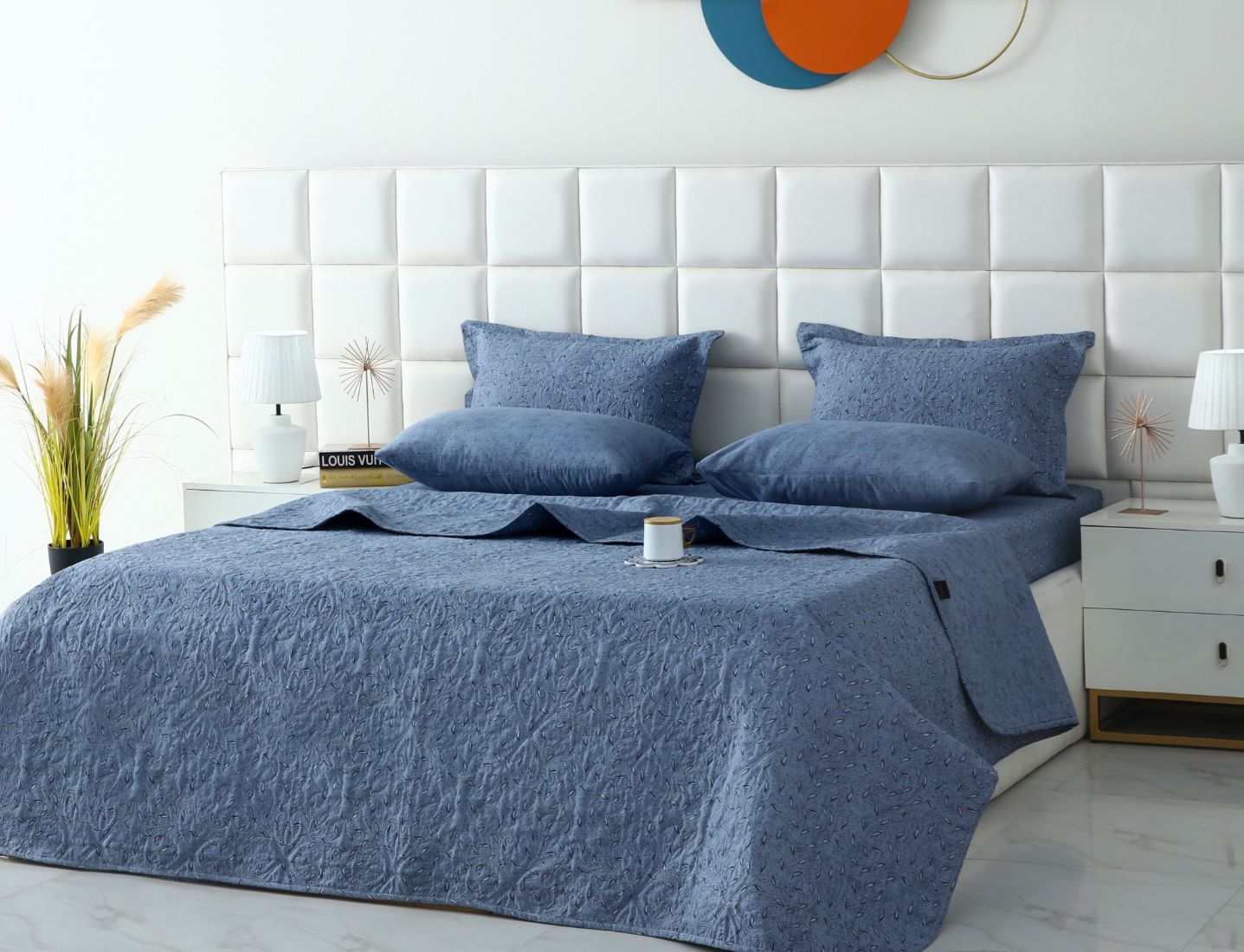 6 PCs Bed Spread Set- Raincloud Blue Feathers Bed Spread Apricot