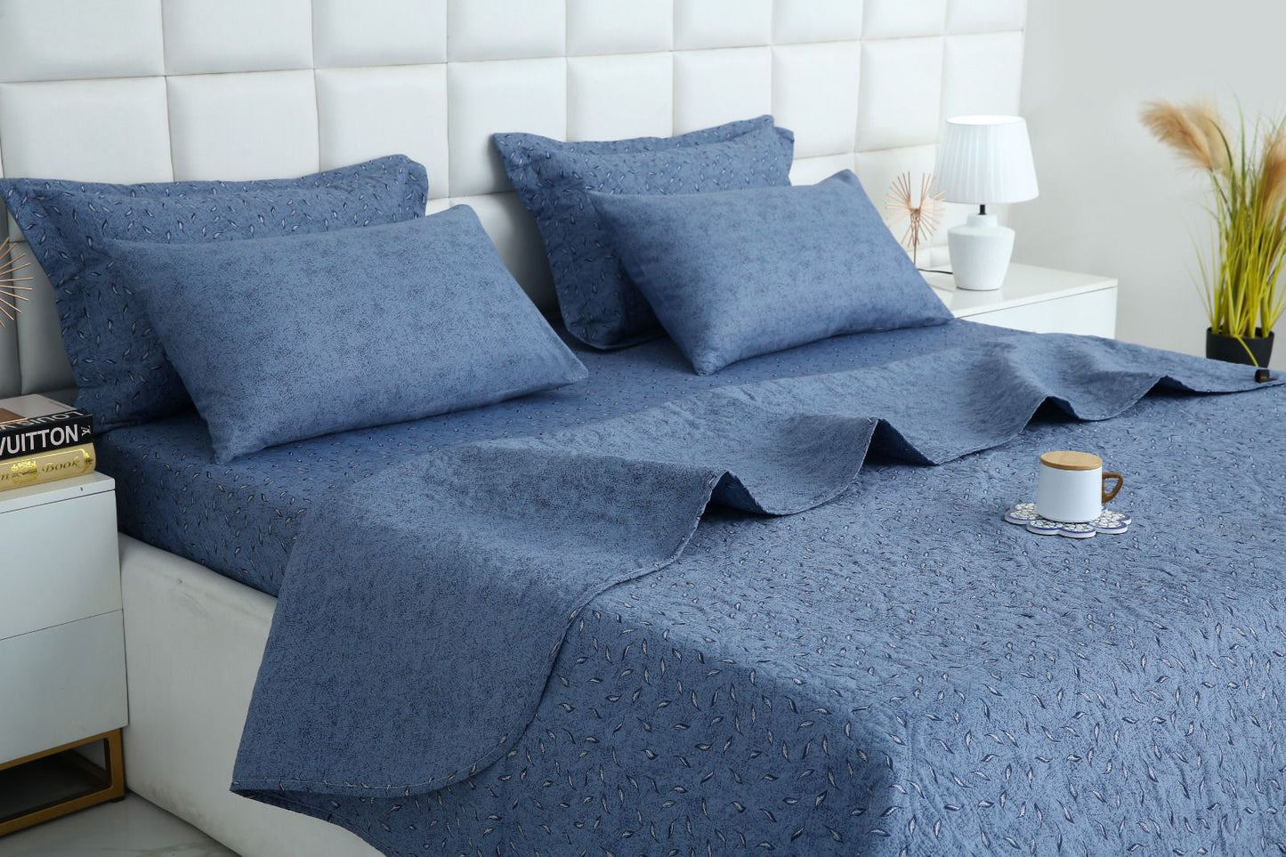 6 PCs Bed Spread Set- Raincloud Blue Feathers Bed Spread Apricot
