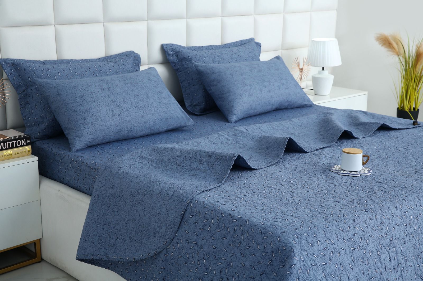 6 PCs Bed Spread Set- Raincloud Blue Feathers Bed Spread Apricot