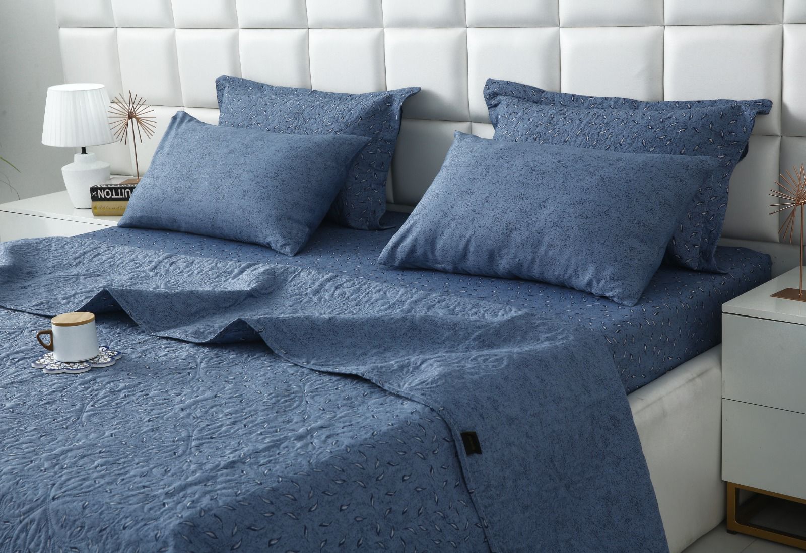 6 PCs Bed Spread Set- Raincloud Blue Feathers Bed Spread Apricot