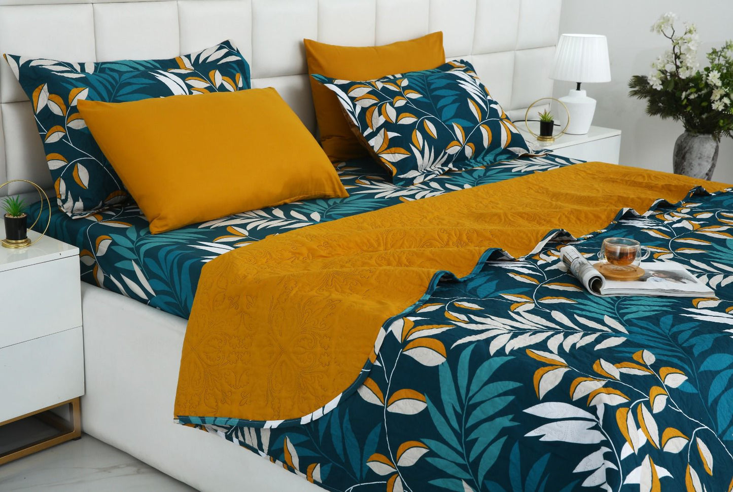 6 PCs Bed Spread Set- Tropicals Bed Spread Apricot