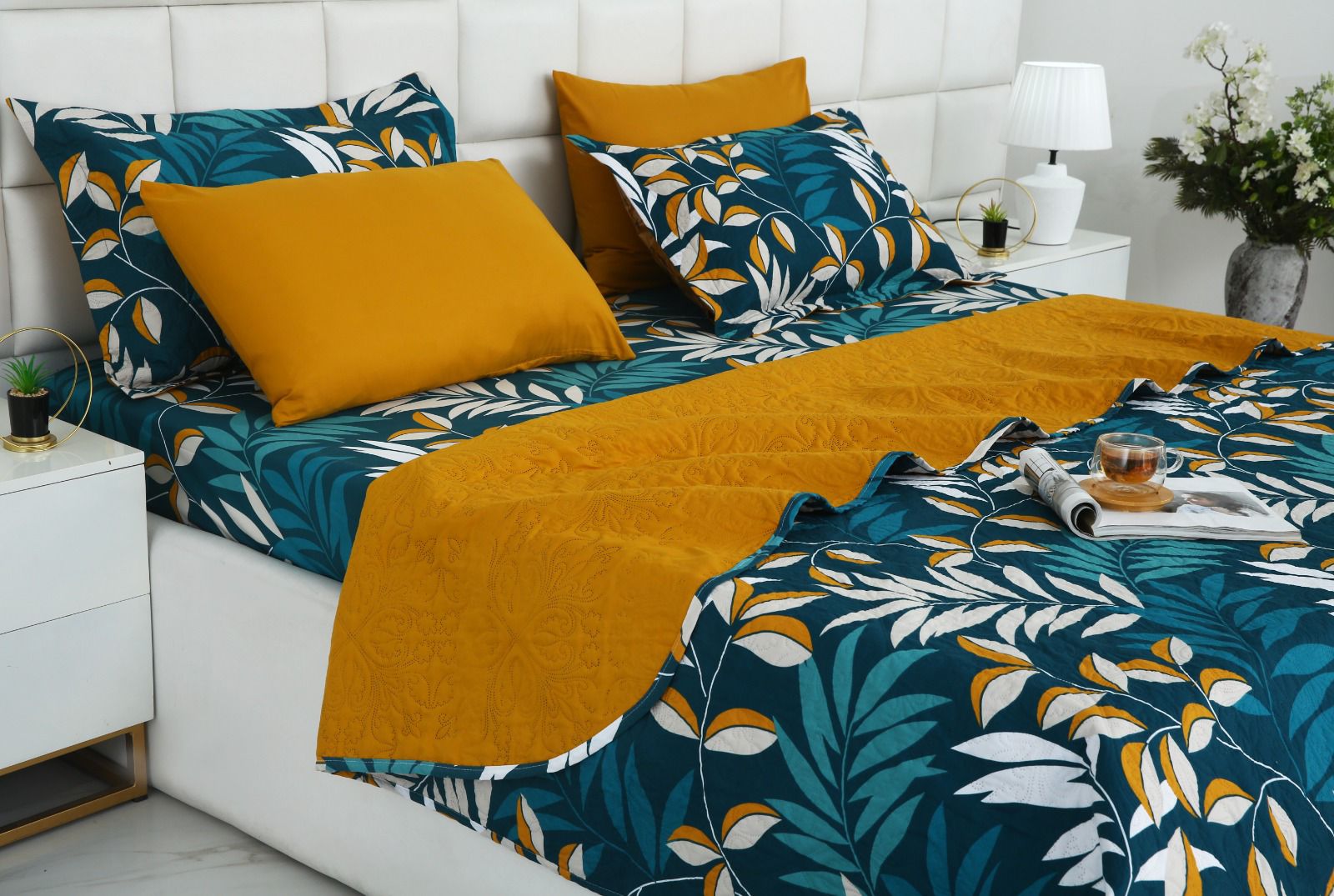 6 PCs Bed Spread Set- Tropicals Bed Spread Apricot