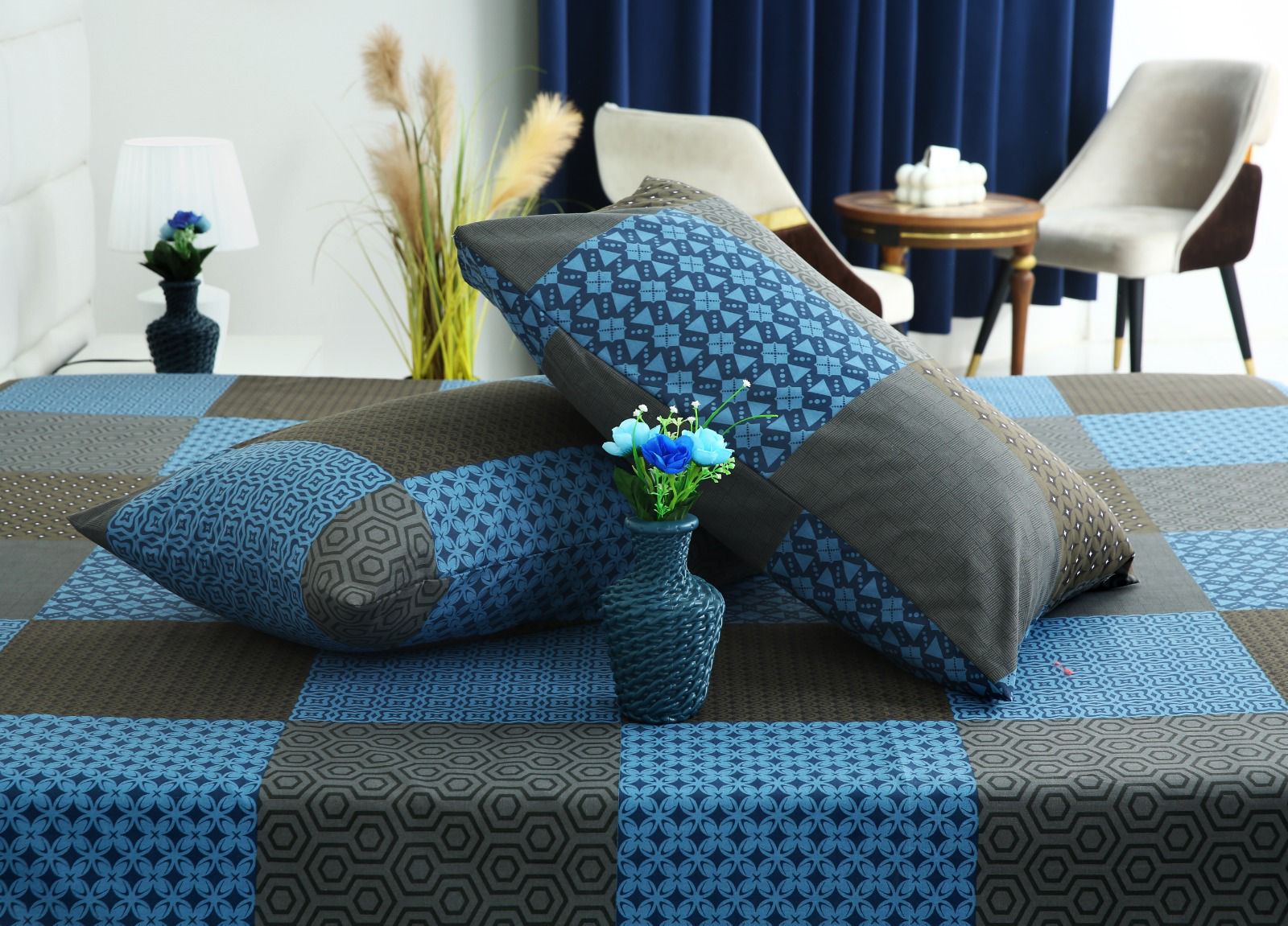 Fitted Bed Sheet- Indigo Patchwork Fitted Sheets Apricot