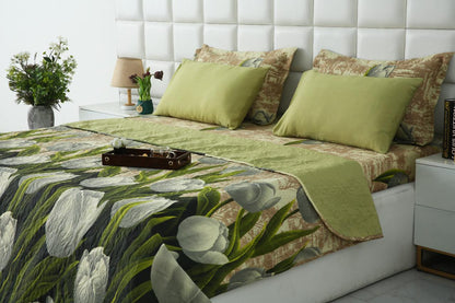 6 PCs Bed Spread Set- Green Tulip Bed Spread Apricot
