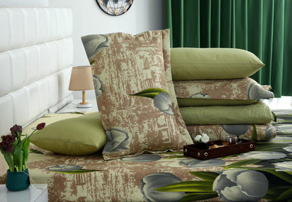 6 PCs Bed Spread Set- Green Tulip Bed Spread Apricot