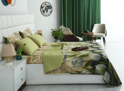 6 PCs Bed Spread Set- Green Tulip Bed Spread Apricot