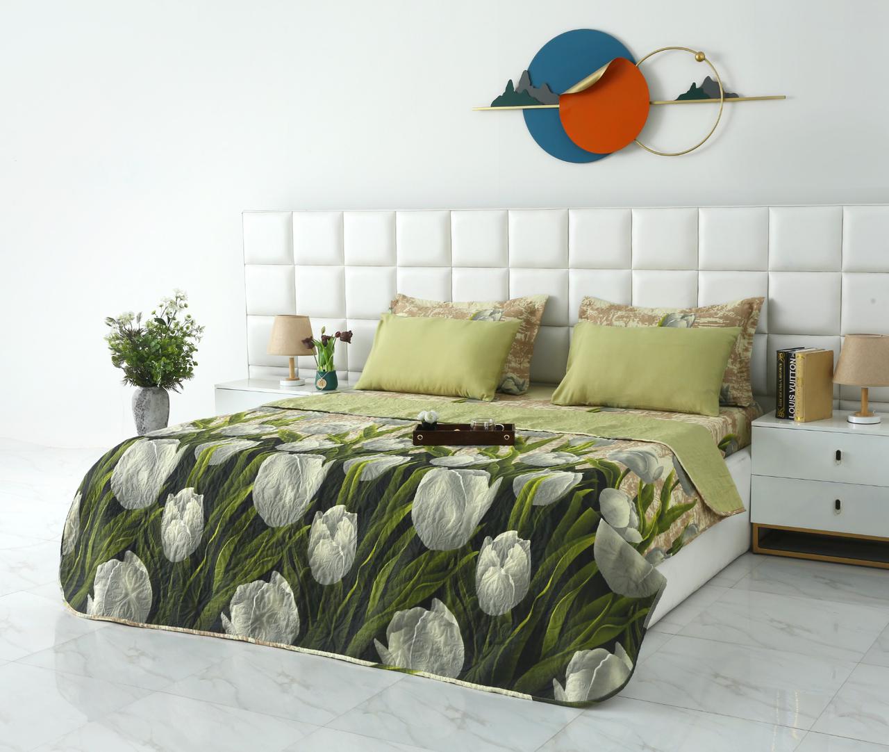 6 PCs Bed Spread Set- Green Tulip Bed Spread Apricot