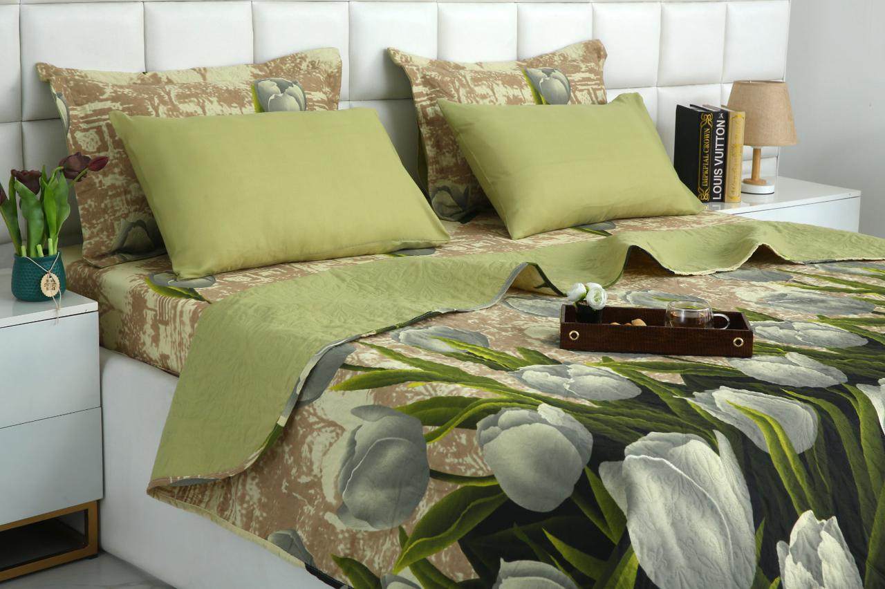 6 PCs Bed Spread Set- Green Tulip Bed Spread Apricot