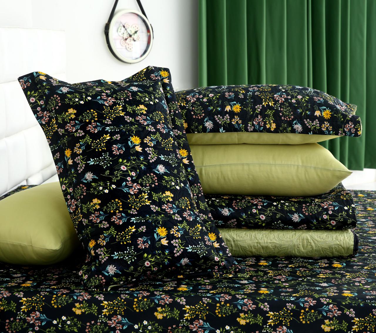 6 PCs Bed Spread Set- Black Meadows Bed Spread Apricot