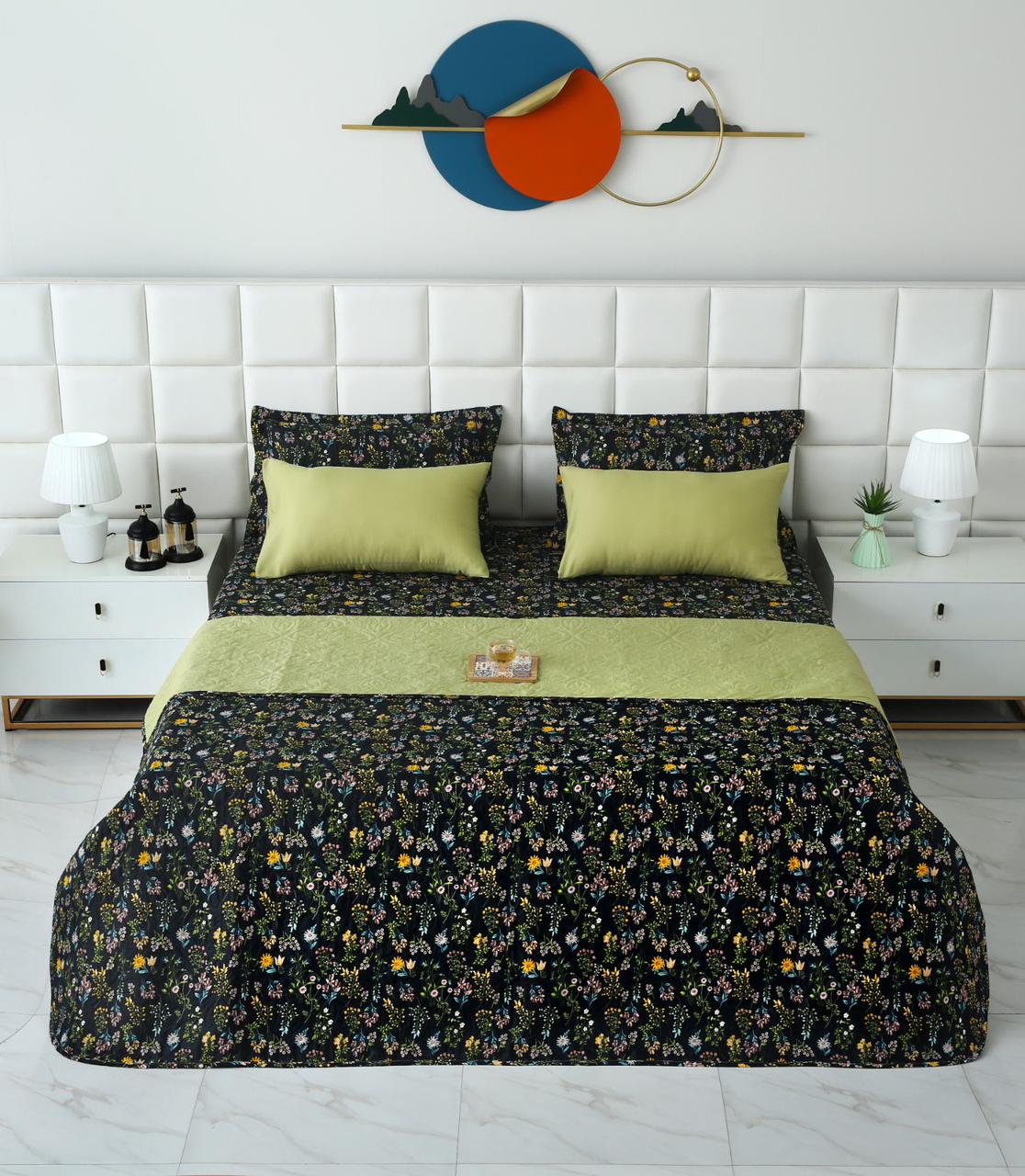 6 PCs Bed Spread Set- Black Meadows Bed Spread Apricot