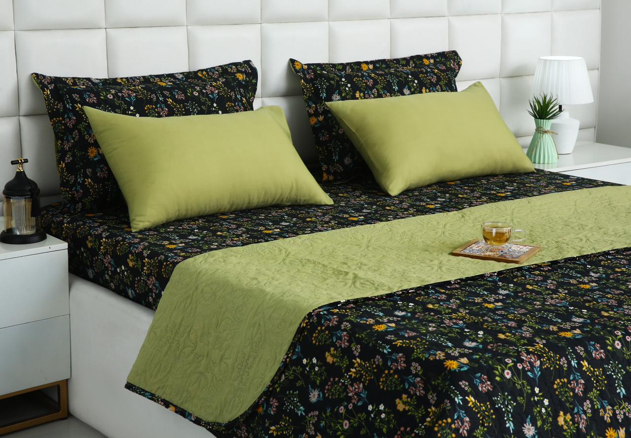 6 PCs Bed Spread Set- Black Meadows Bed Spread Apricot