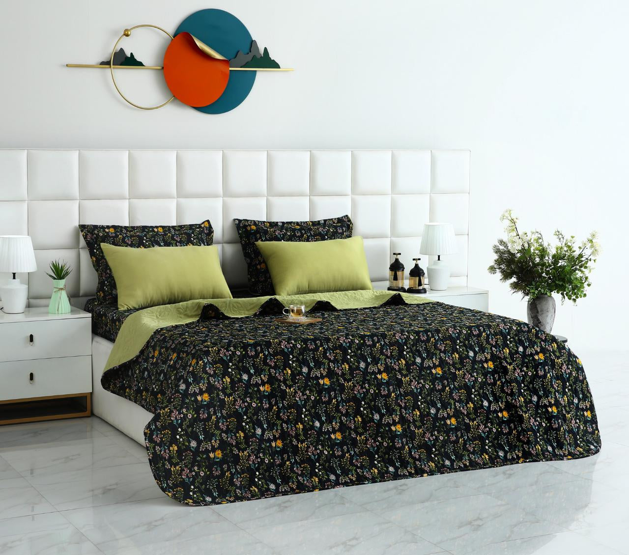 6 PCs Bed Spread Set- Black Meadows Bed Spread Apricot