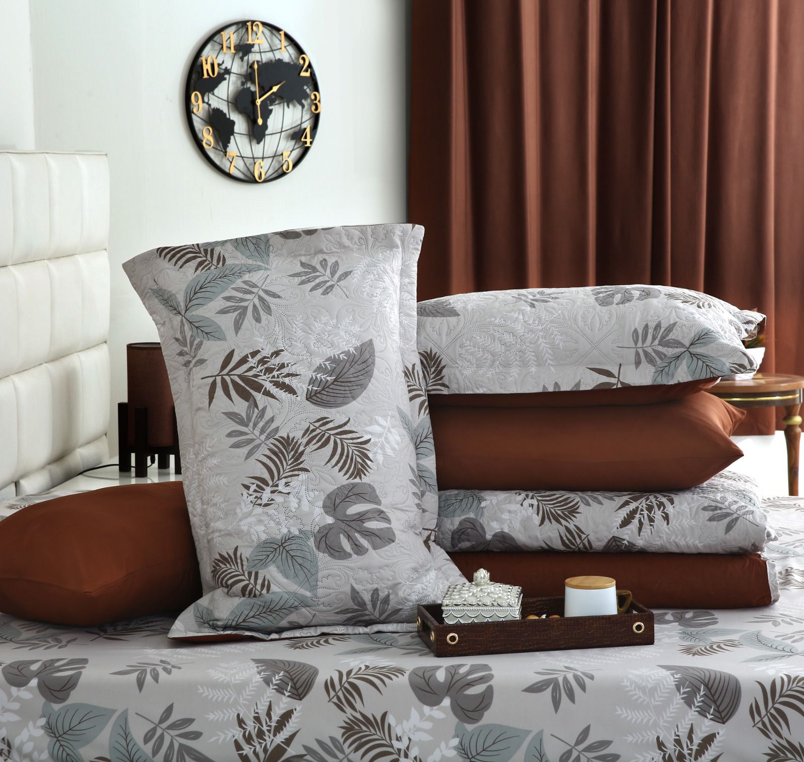 6 PCs Bed Spread Set- Leaf Style(Brown Reverse) Bed Spread Apricot