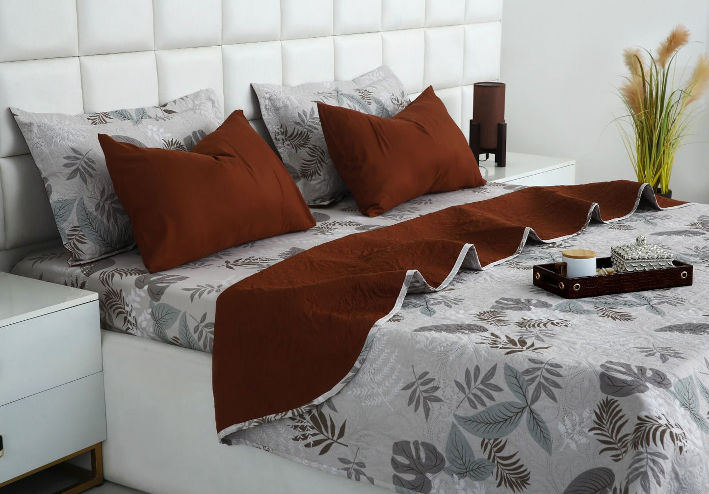 6 PCs Bed Spread Set- Leaf Style(Brown Reverse) Bed Spread Apricot