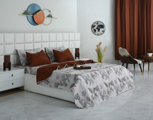 6 PCs Bed Spread Set- Leaf Style(Brown Reverse) Bed Spread Apricot