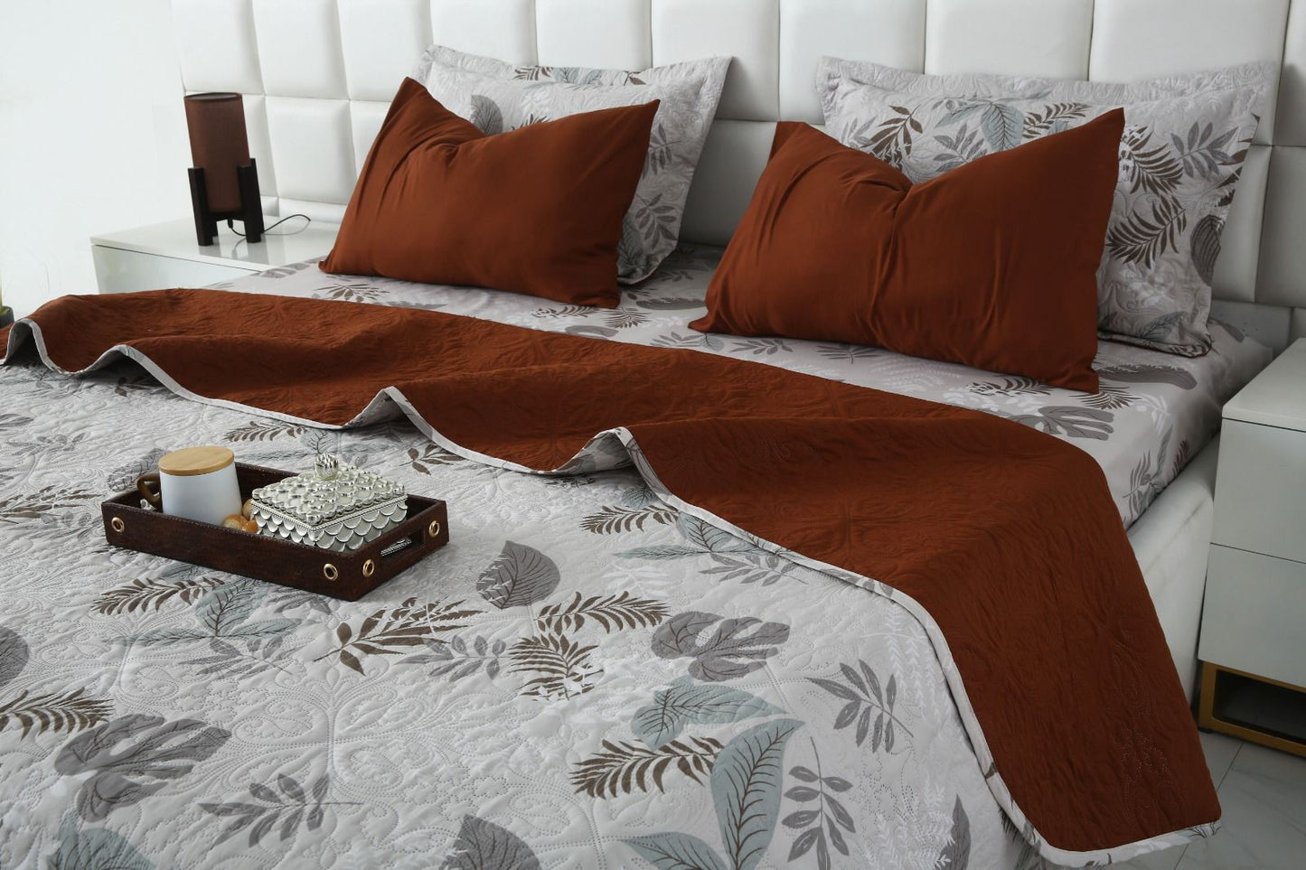 6 PCs Bed Spread Set- Leaf Style(Brown Reverse) Bed Spread Apricot
