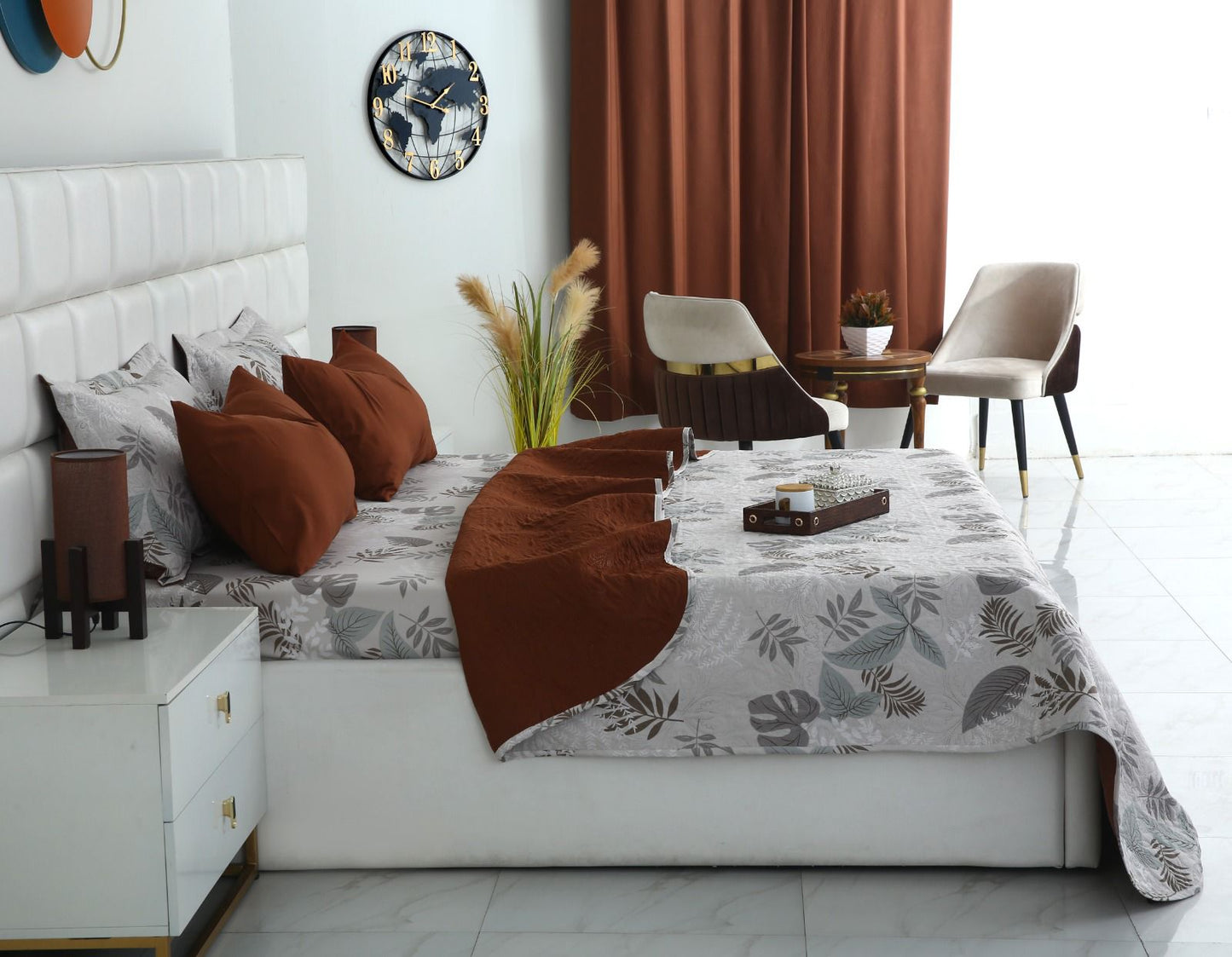 6 PCs Bed Spread Set- Leaf Style(Brown Reverse) Bed Spread Apricot