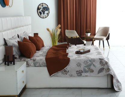 6 PCs Bed Spread Set- Leaf Style(Brown Reverse) Bed Spread Apricot