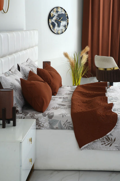 6 PCs Bed Spread Set- Leaf Style(Brown Reverse) Bed Spread Apricot