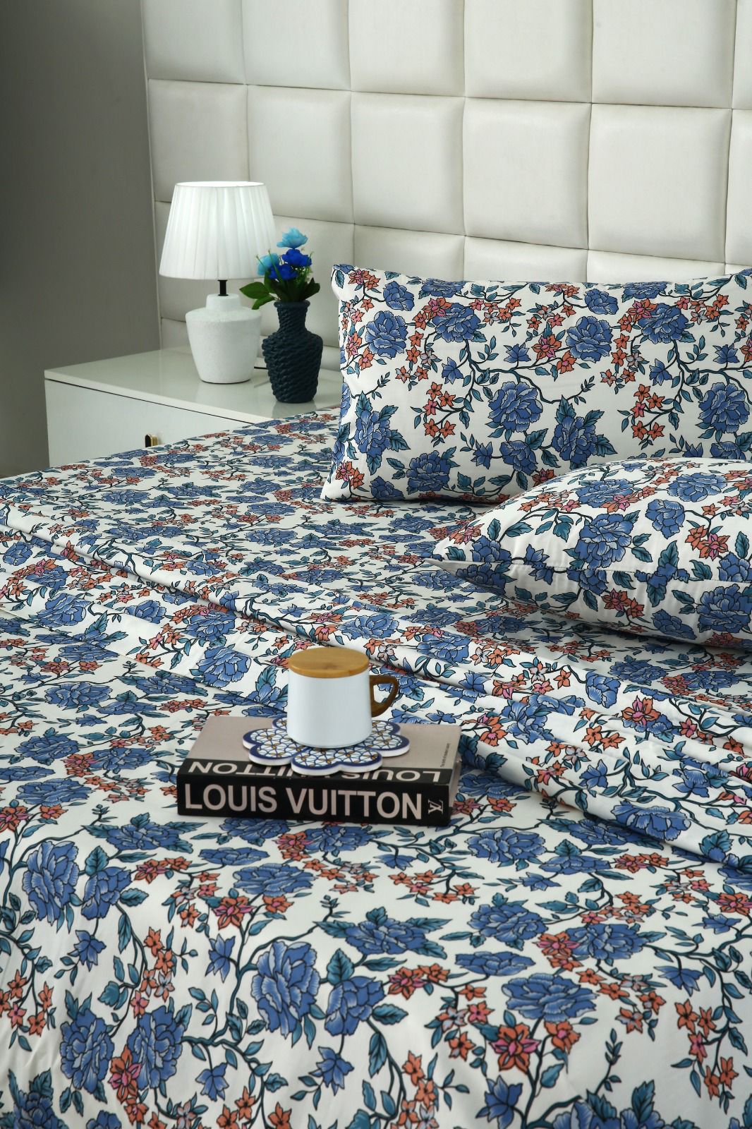3 PCs Double Bed Sheet With Same Packing- Midnight Bloom Bed Sheets Apricot