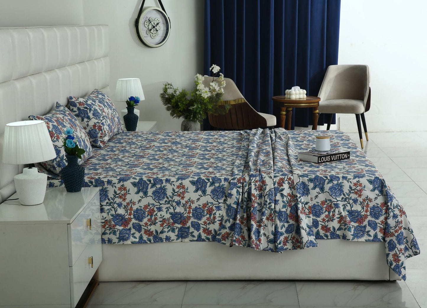 3 PCs Double Bed Sheet With Same Packing- Midnight Bloom Bed Sheets Apricot