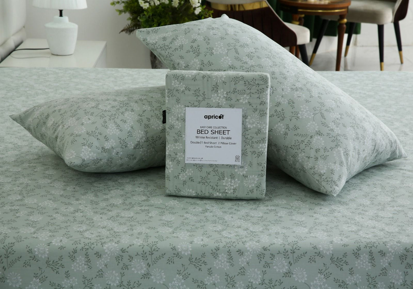3 PCs Double Bed Sheet With Same Packing- Moroccan Mint Bed Sheets Apricot