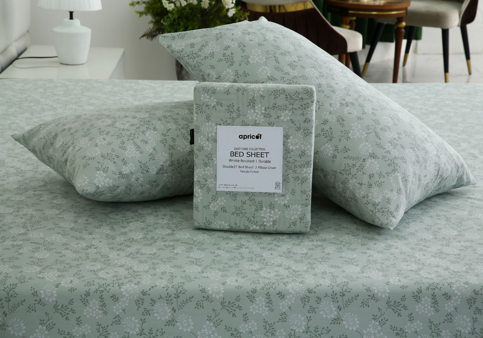 3 PCs Double Bed Sheet With Same Packing- Moroccan Mint Bed Sheets Apricot
