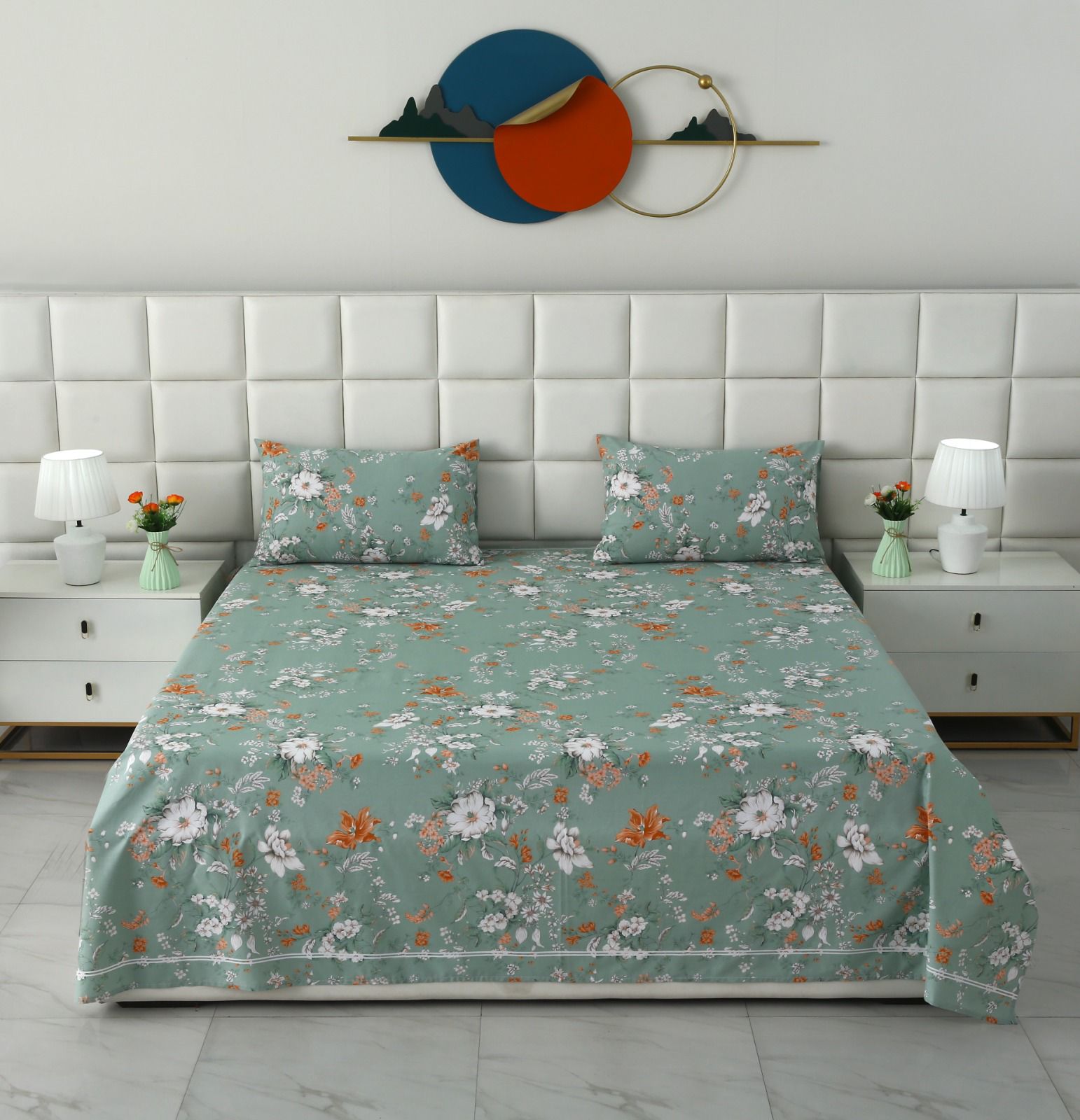3 PCs Double Bed Sheet With Same Packing- White Dahlia Bed Sheets Apricot