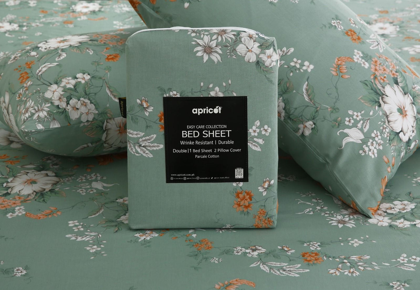 3 PCs Double Bed Sheet With Same Packing- White Dahlia Bed Sheets Apricot