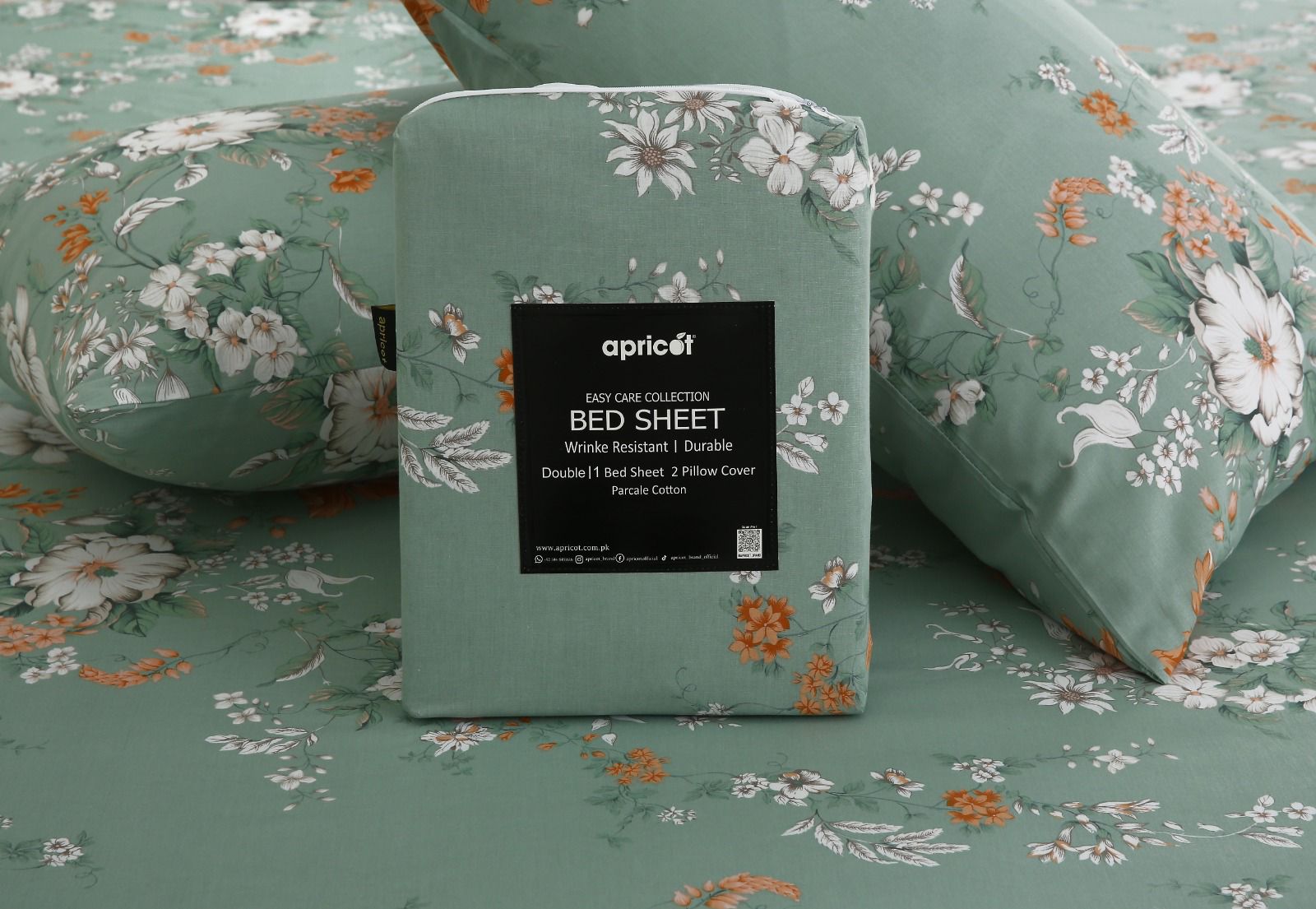3 PCs Double Bed Sheet With Same Packing- White Dahlia Bed Sheets Apricot