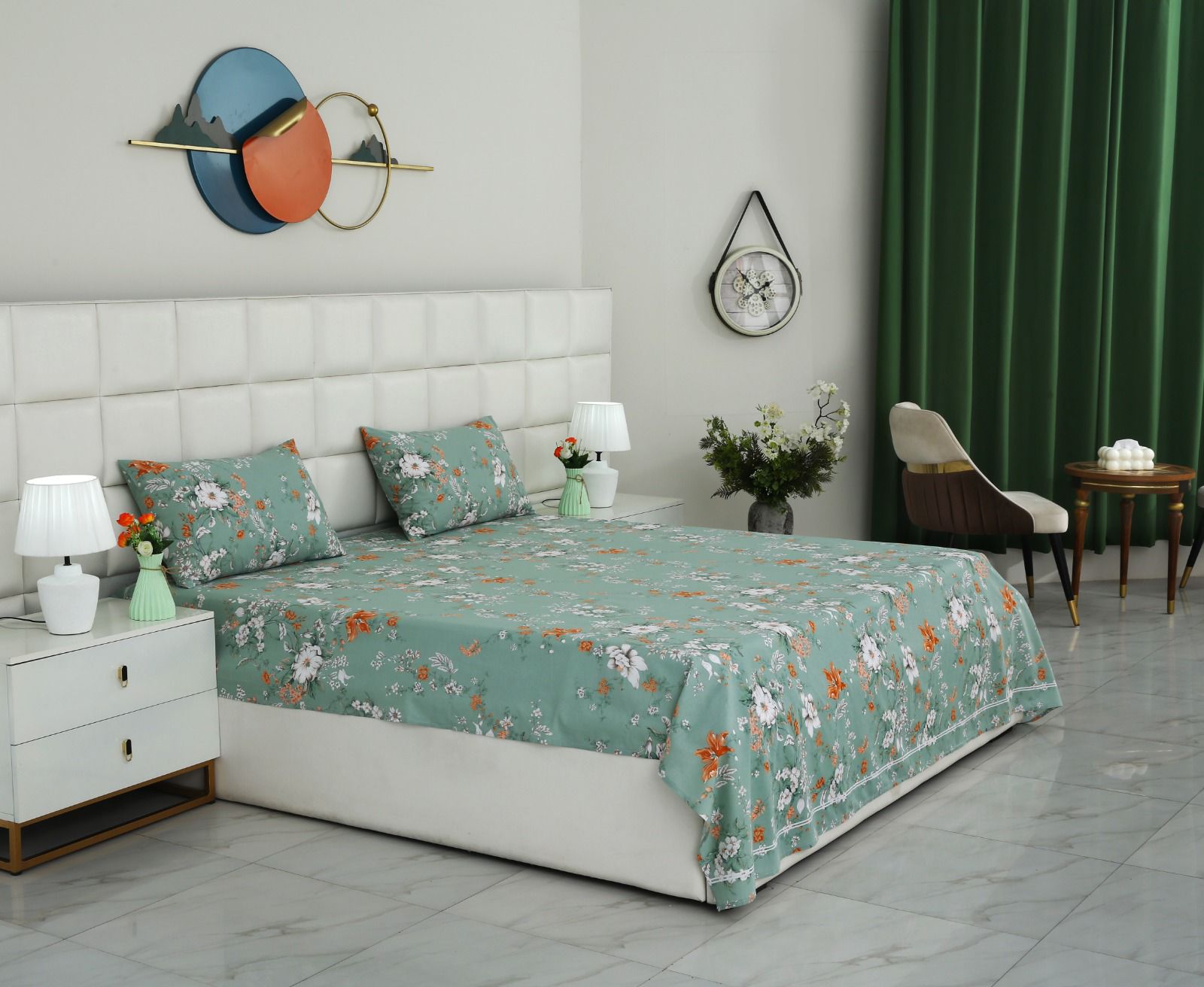 3 PCs Double Bed Sheet With Same Packing- White Dahlia Bed Sheets Apricot