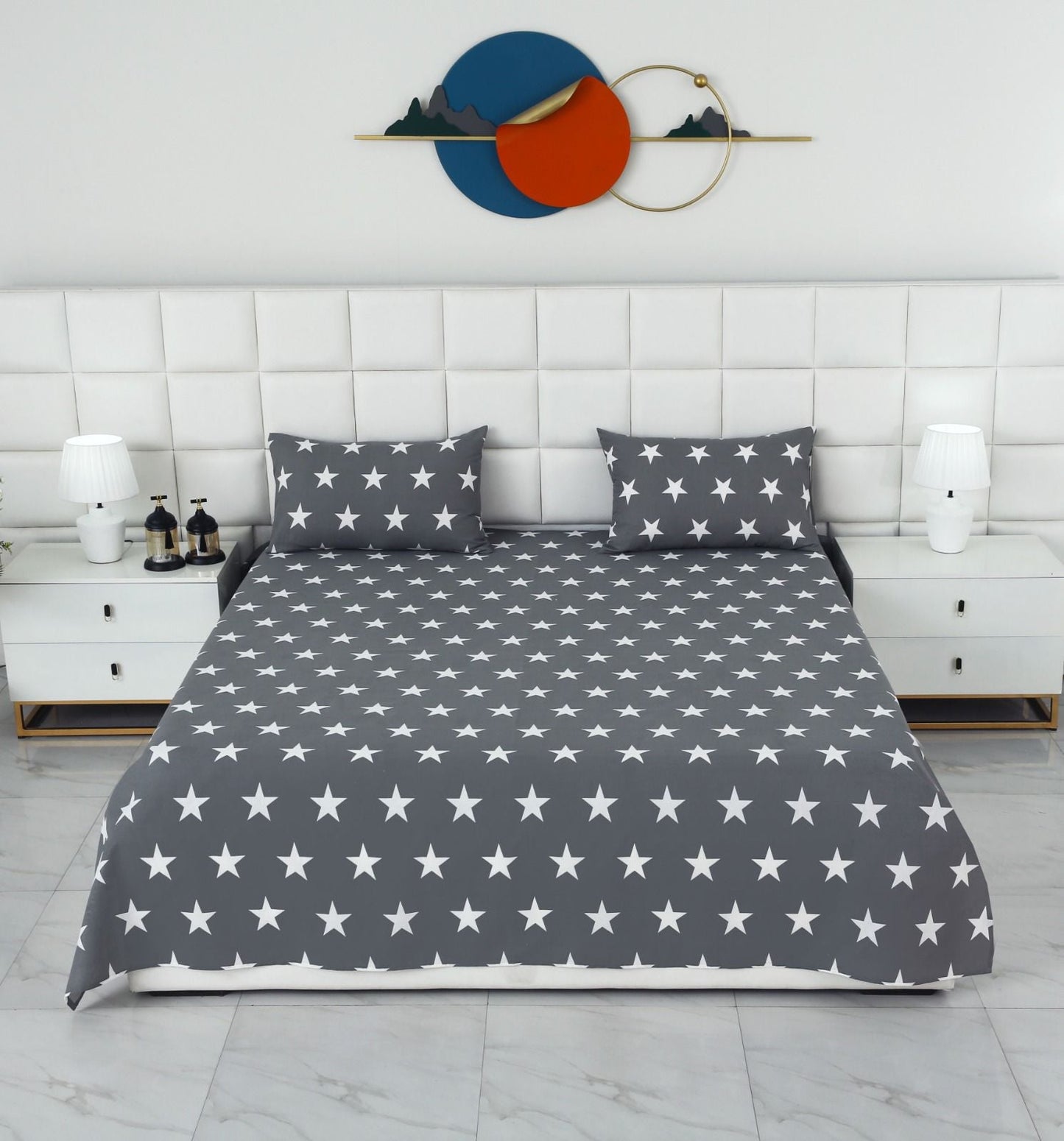 3 PCs Double Bed Sheet With Same Packing- Stars Bed Sheets Apricot