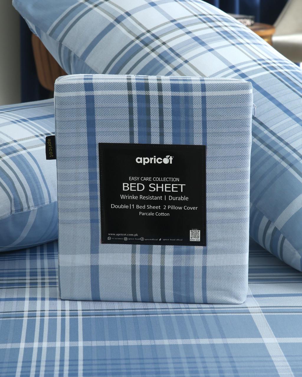 3 PCs Double Bed Sheet With Same Packing- Sky Blue Check Bed Sheets Apricot