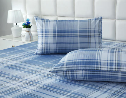 3 PCs Double Bed Sheet With Same Packing- Sky Blue Check Bed Sheets Apricot