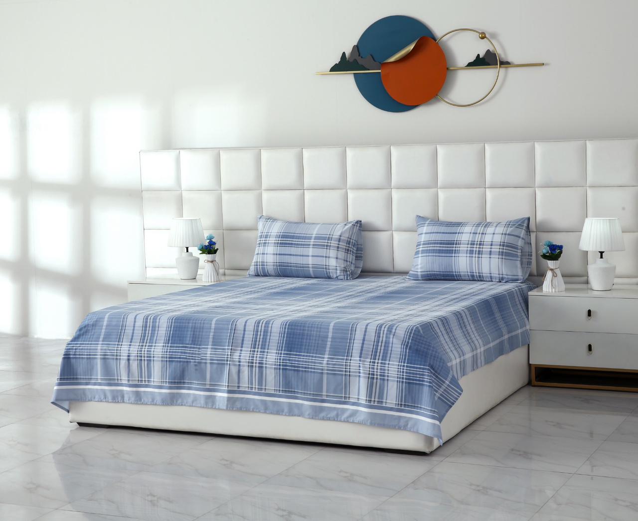 3 PCs Double Bed Sheet With Same Packing- Sky Blue Check Bed Sheets Apricot