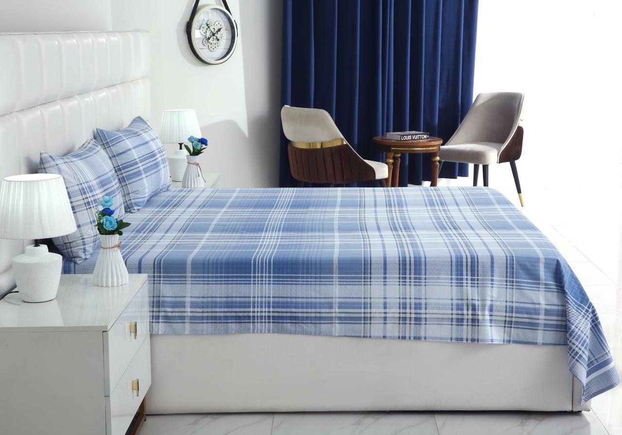 3 PCs Double Bed Sheet With Same Packing- Sky Blue Check Bed Sheets Apricot