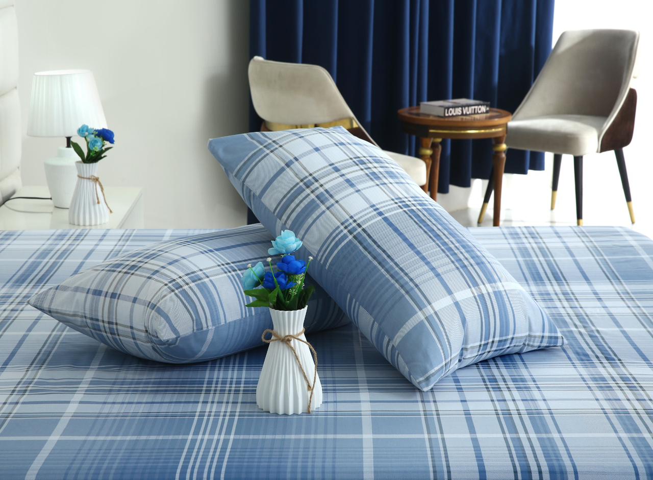 3 PCs Double Bed Sheet With Same Packing- Sky Blue Check Bed Sheets Apricot