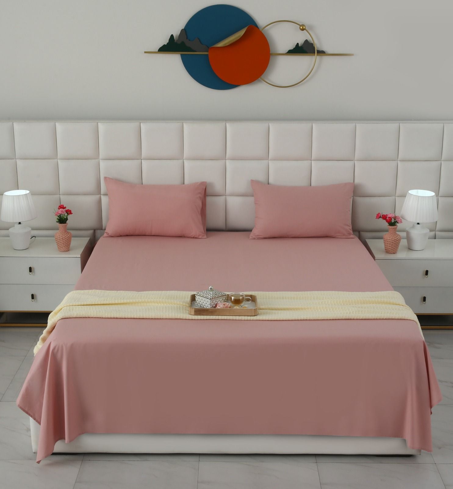 3 PCs Double Bed Sheet- Rose Bed Sheets Apricot