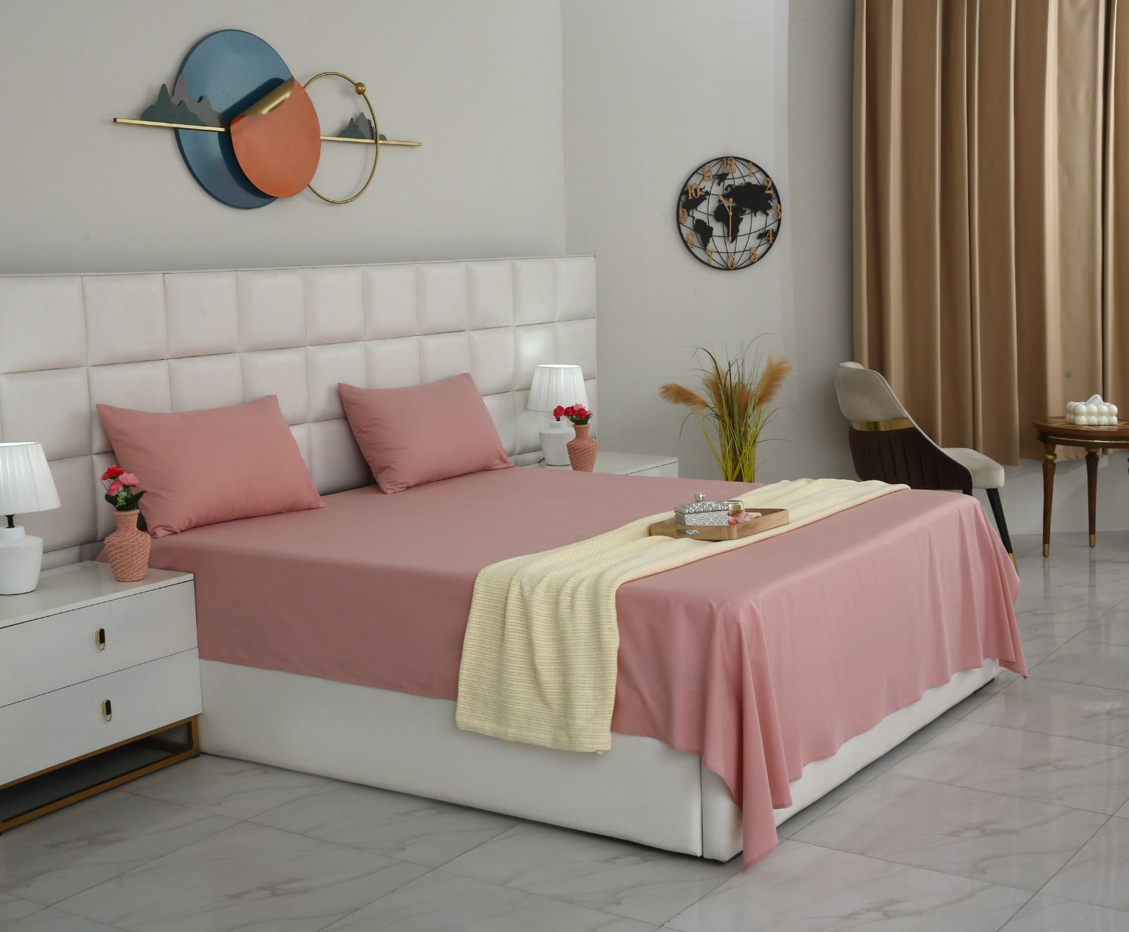3 PCs Double Bed Sheet- Rose Bed Sheets Apricot