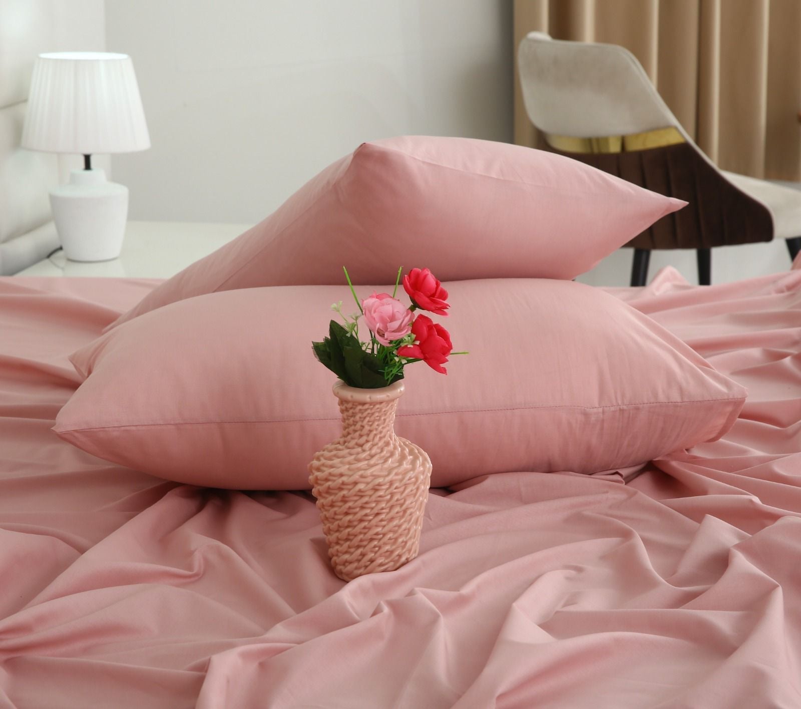 3 PCs Double Bed Sheet- Rose Bed Sheets Apricot