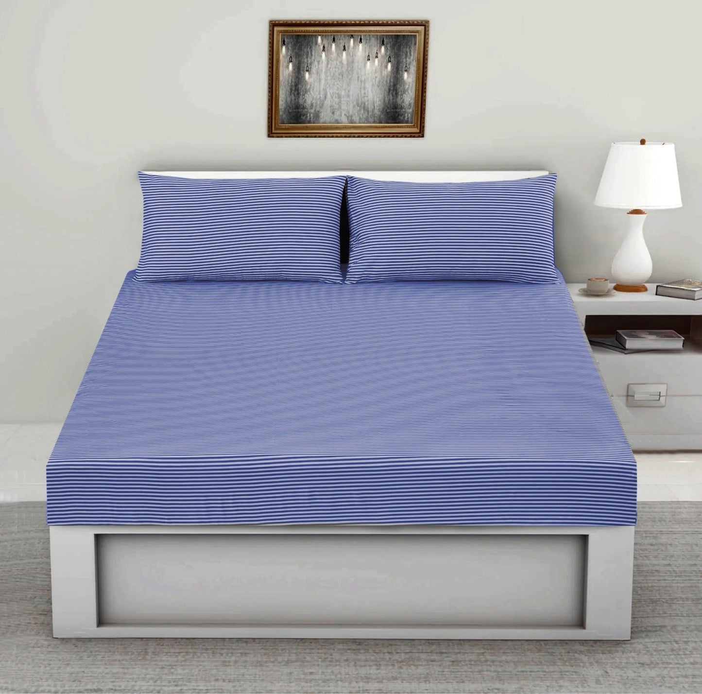 Fitted Bed Sheet- Blue Stripes Fitted Sheets Apricot