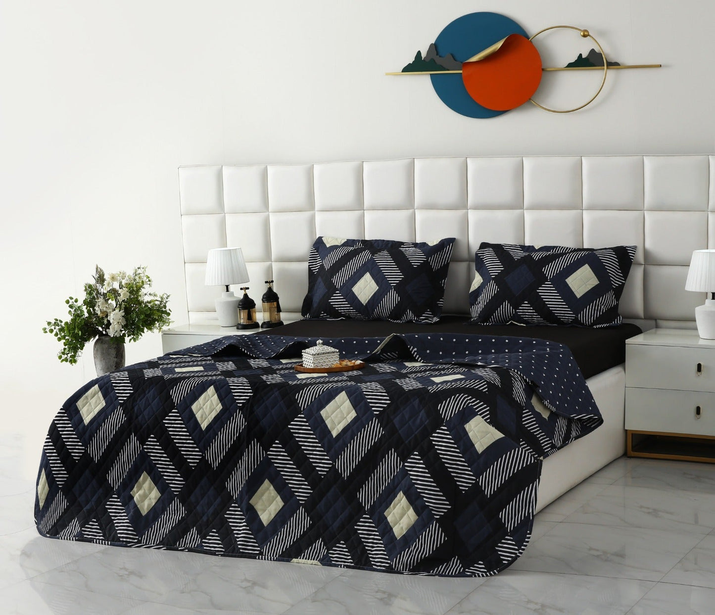 6 PCs Bed Spread Set- Black Art Bed Spread Apricot