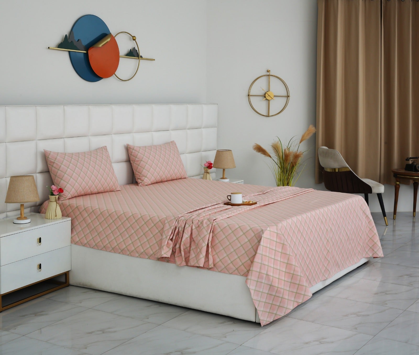 3 PCs Double Bed Sheet With Same Packing- Peach Check Bed Sheets Apricot