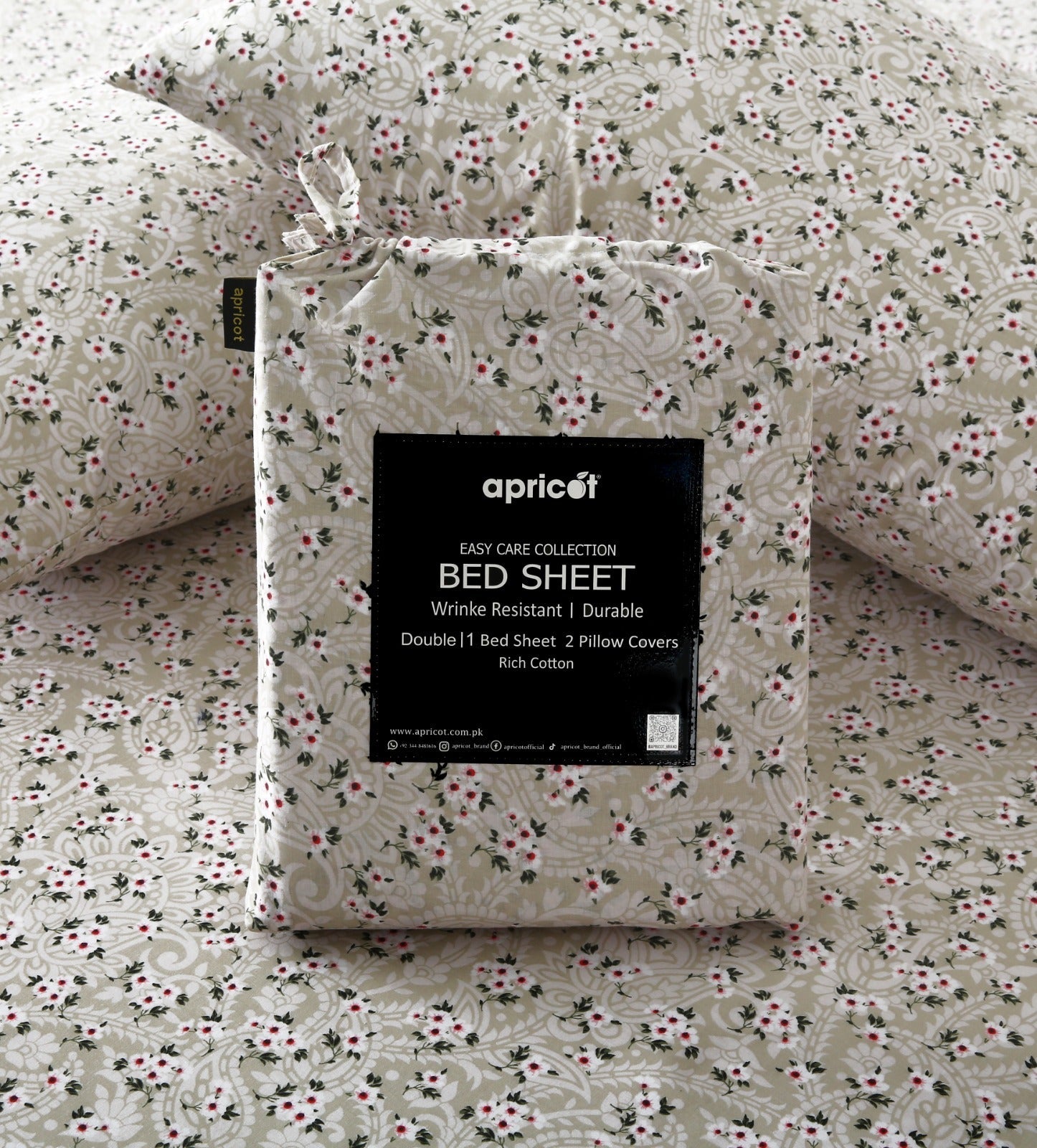 3 PCs Double Bed Sheet With Same Packing- Green Tiny Bed Sheets Apricot