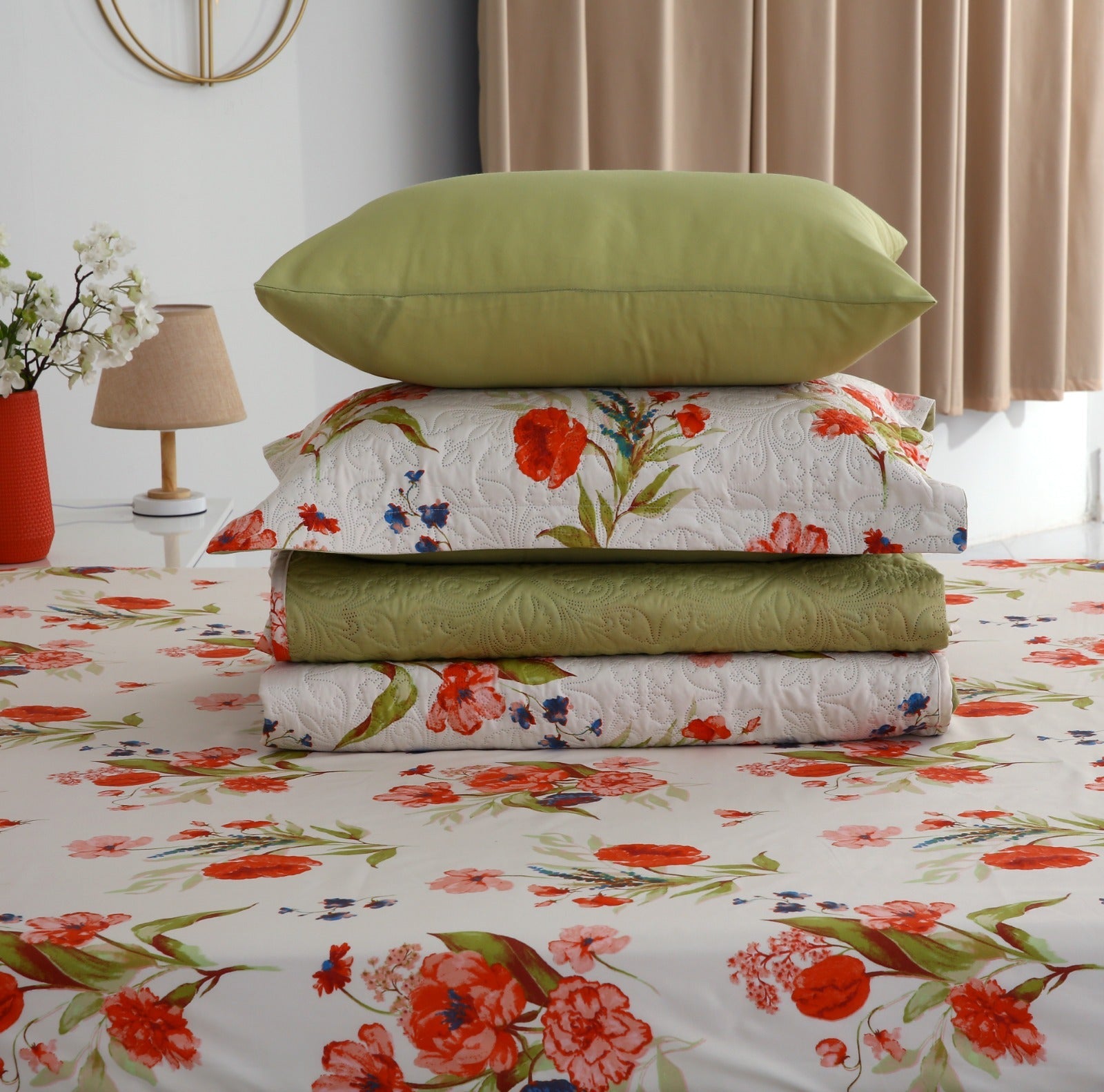 6 PCs Bed Spread Set- Cosmic Bloom Bed Spread Apricot