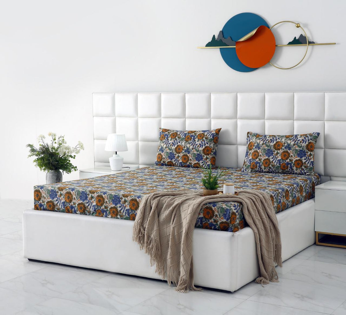 Percale Cotton Fitted Bed Sheet- Amber Azure Fitted Sheets Apricot