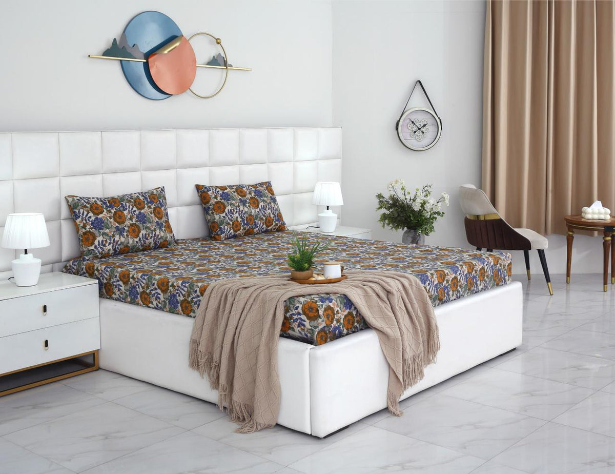 Percale Cotton Fitted Bed Sheet- Amber Azure Fitted Sheets Apricot