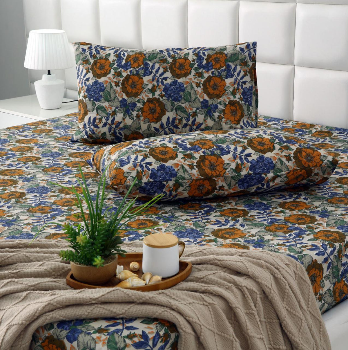 Percale Cotton Fitted Bed Sheet- Amber Azure Fitted Sheets Apricot